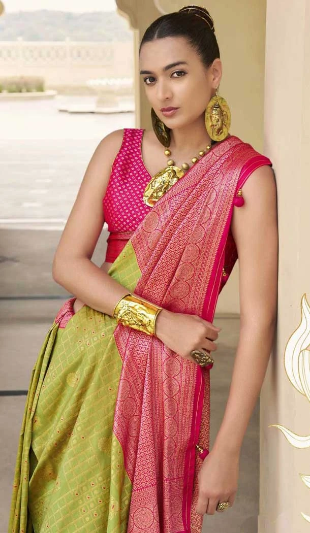 Mehendi Green Silk Kanjivaram Weaving Work Traditional Wear Saree - 11176199448