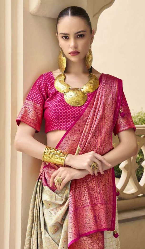 Beige Silk Kanjivaram Weaving Work Traditional Wear Saree - 11176199449