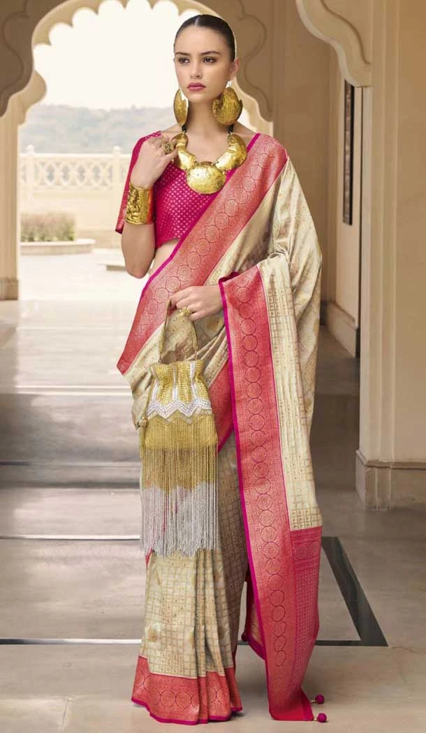 Beige Silk Kanjivaram Weaving Work Traditional Wear Saree - 11176199449