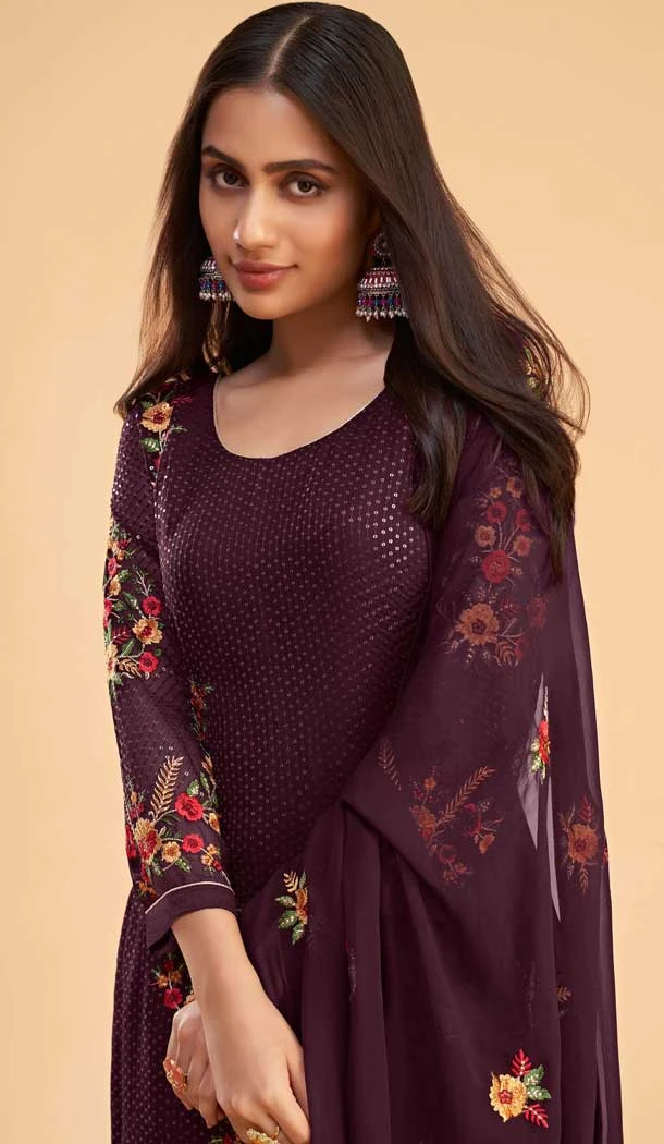 Wine Georgette Resham Work Pakistani Palazzo Salwar Suit - 11179199465