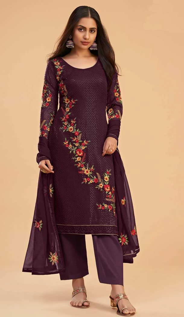 Wine Georgette Resham Work Pakistani Palazzo Salwar Suit - 11179199465
