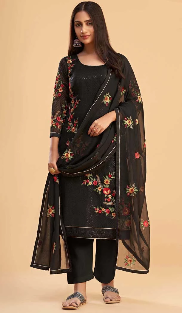 Black Georgette Resham Work Pakistani Palazzo Salwar Suit - 11179199467