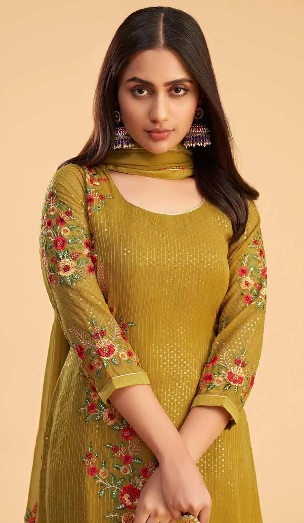 Mustard Georgette Resham Work Pakistani Palazzo Salwar Suit - 11179199468