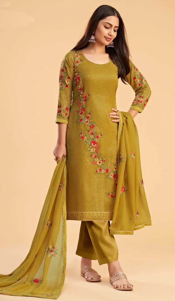 Mustard Georgette Resham Work Pakistani Palazzo Salwar Suit - 11179199468