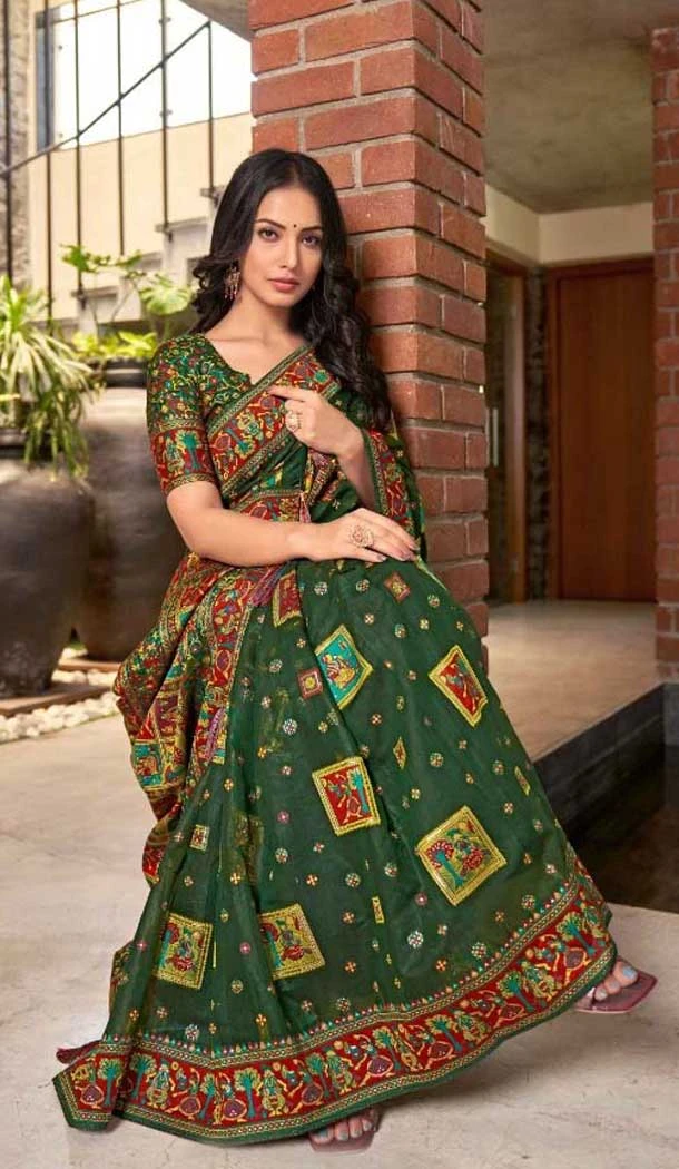 Cotton Silk Weaved Thread Work Traditional Wear Saree In Green - 11201199584