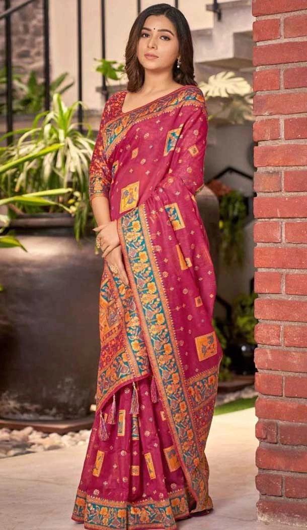 Cotton Silk Weaved Thread Work Traditional Wear Saree In Rani Pink - 11201199586