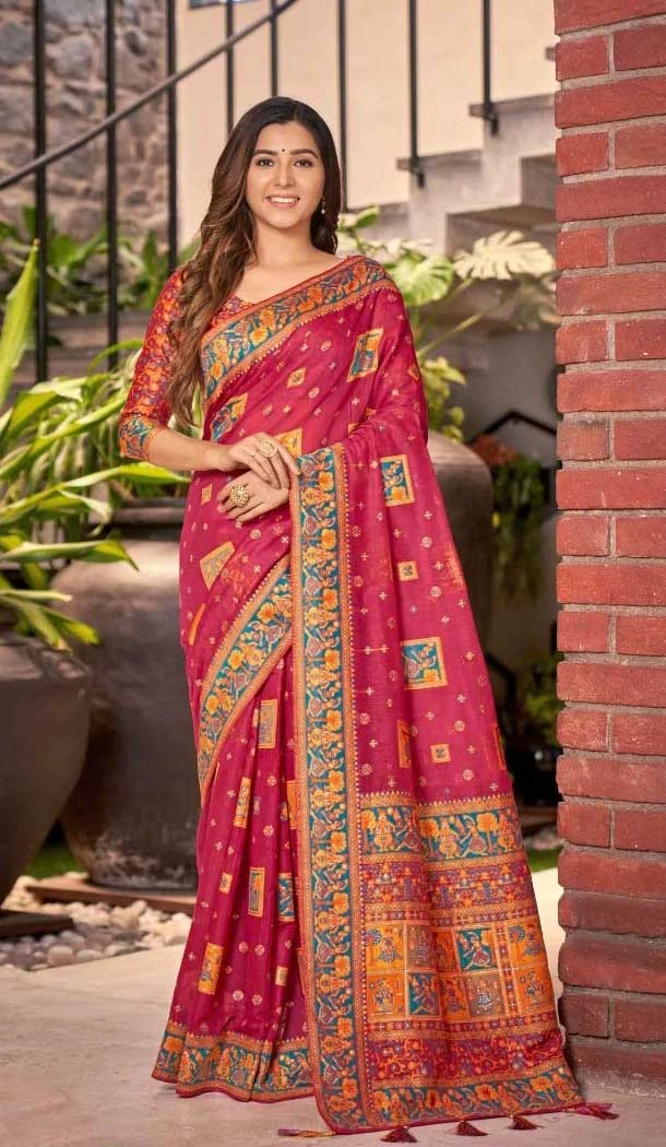 Cotton Silk Weaved Thread Work Traditional Wear Saree In Rani Pink - 11201199586