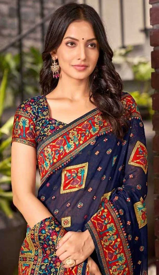 Cotton Silk Weaved Thread Work Traditional Wear Saree In Navy Blue - 11201199587