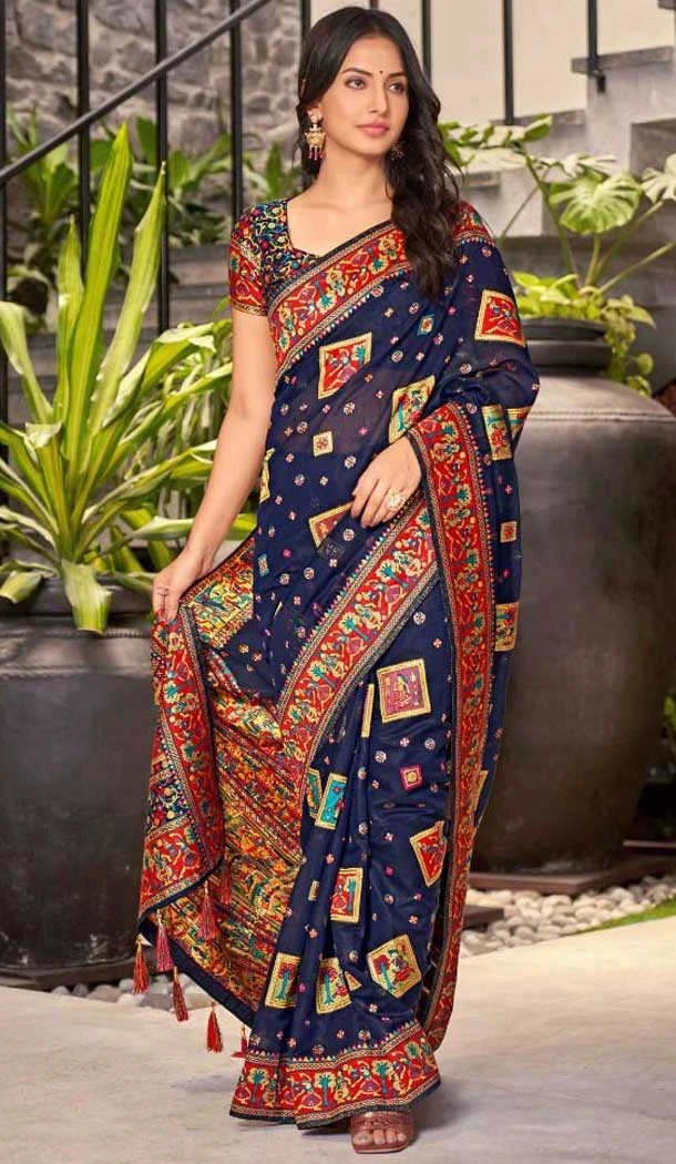 Cotton Silk Weaved Thread Work Traditional Wear Saree In Navy Blue - 11201199587