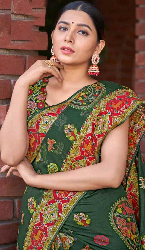 Cotton Silk Printed Designer Party Wear Saree In Green - 11204199597