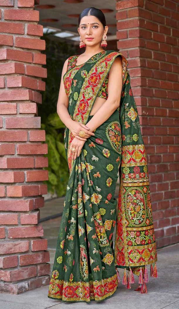 Cotton Silk Printed Designer Party Wear Saree In Green - 11204199597
