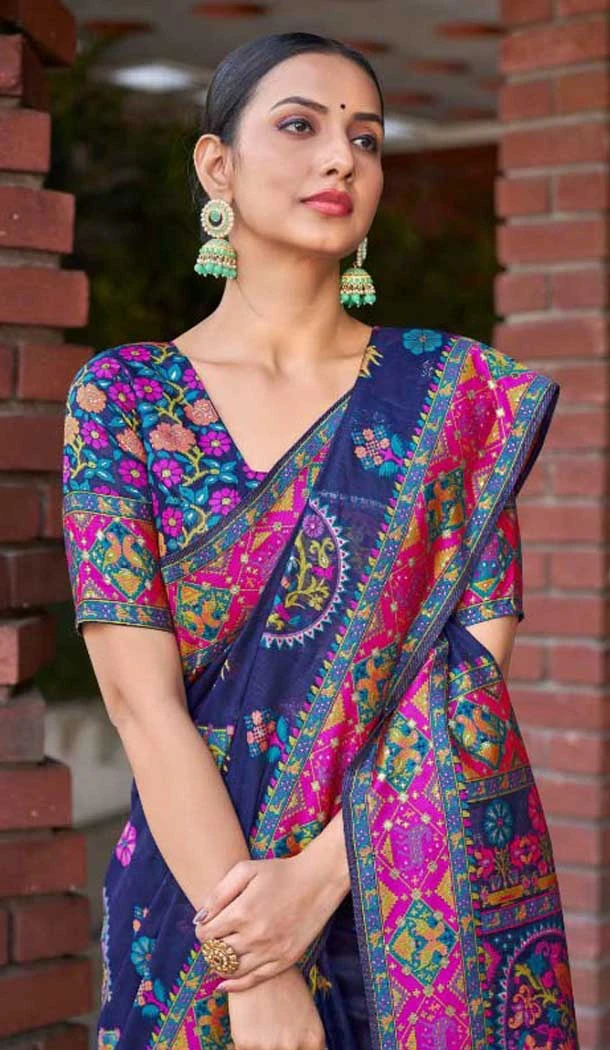 Cotton Silk Printed Designer Party Wear Saree In Navy Blue - 11204199598