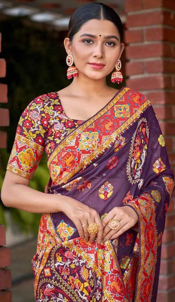 Cotton Silk Printed Designer Party Wear Saree In Purple - 11204199599