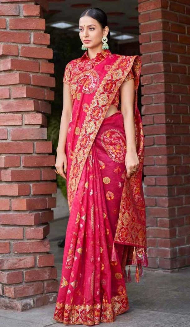 Cotton Silk Printed Designer Party Wear Saree In Rani Pink - 11204199600