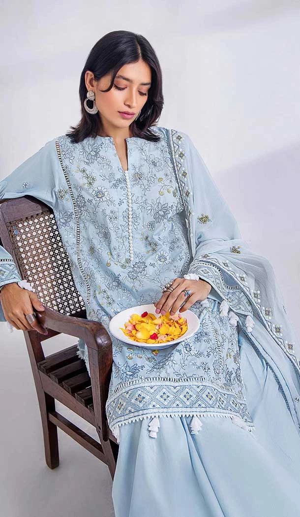 Sky Blue Cotton Embroidered Pakistani Style Salwar Kameez - 11229199775
