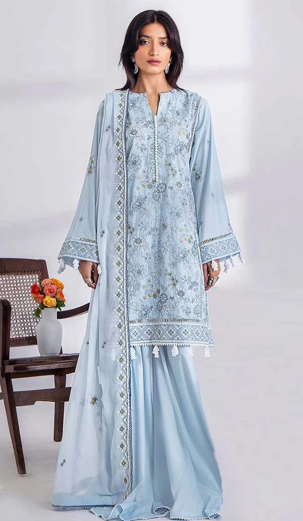 Sky Blue Cotton Embroidered Pakistani Style Salwar Kameez - 11229199775