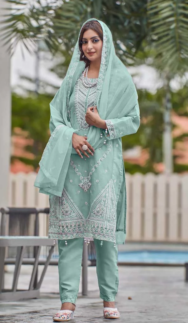 Organza Embroidery Work Pakistani Salwar Kameez In Mint Green - 11245199884