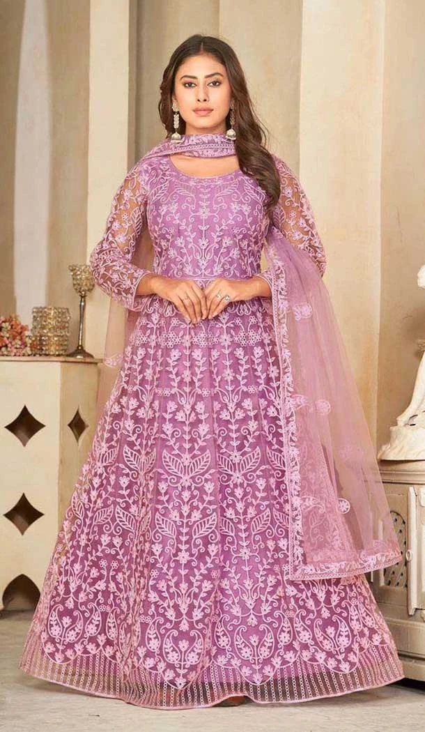 Purple Net Resham Work Anarkali Style Salwar Suit - 11068198558