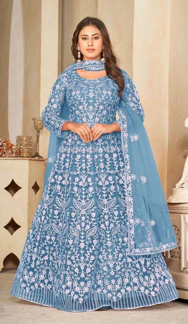 Sky Blue Net Resham Work Anarkali Style Salwar Suit - 11068198559