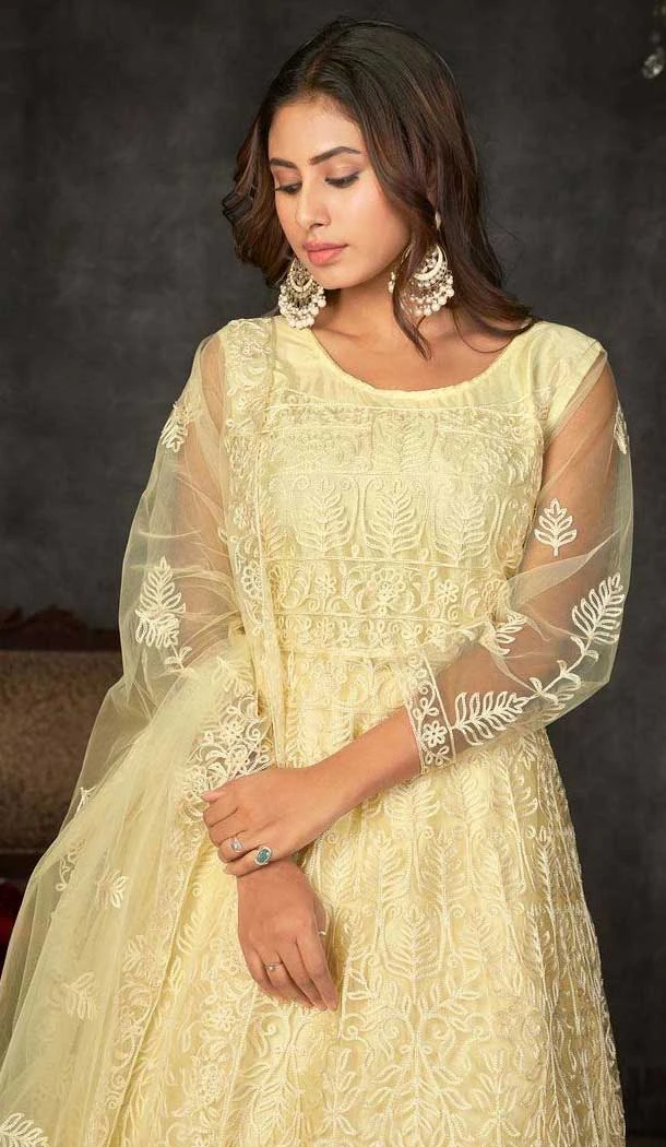Light Yellow Net Resham Work Anarkali Style Salwar Suit - 11068198560