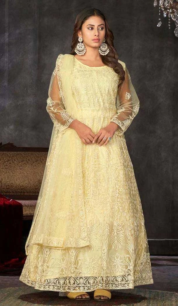 Light Yellow Net Resham Work Anarkali Style Salwar Suit - 11068198560