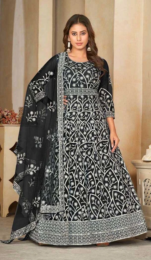 Black Net Resham Work Anarkali Style Salwar Suit - 11068198561