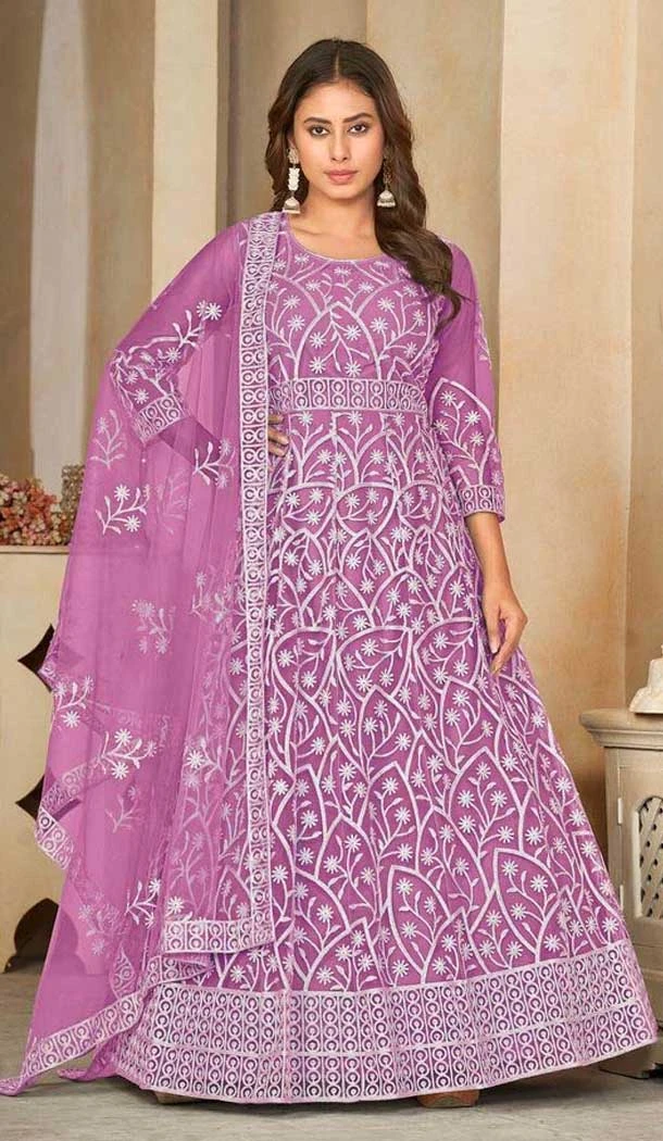 Net Resham Work Anarkali Style Salwar Suit In Purple - 11068198562