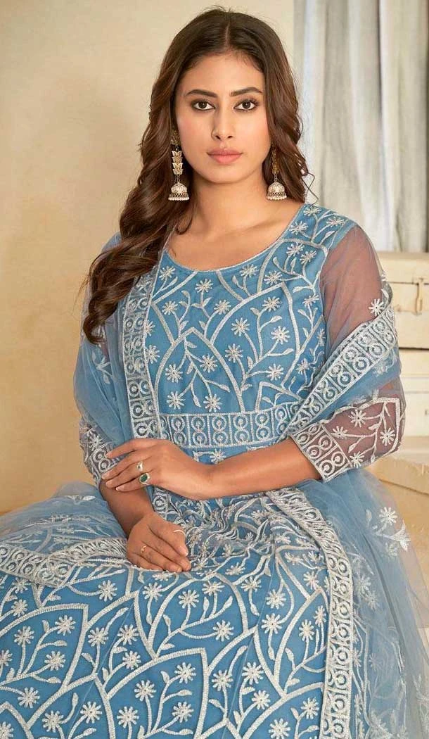 Sky Blue Color Net Resham Work Anarkali Style Salwar Suit - 11068198563