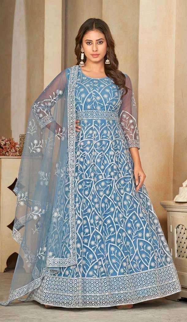 Sky Blue Color Net Resham Work Anarkali Style Salwar Suit - 11068198563