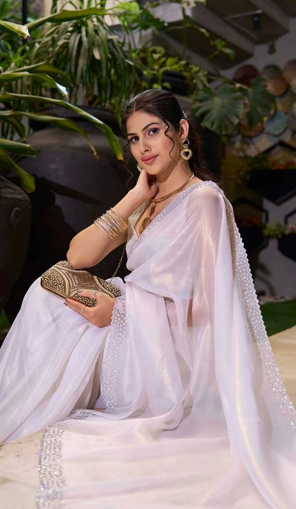 Organza Hand Work Party Wear Designer Saree In White - 11208199621