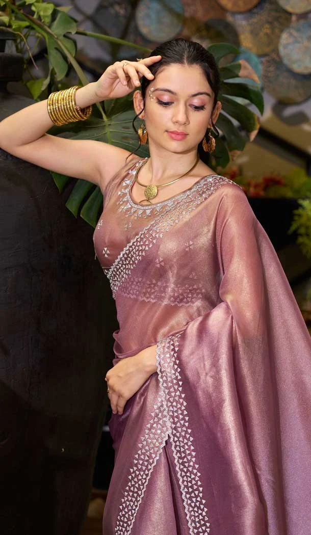 Organza Hand Work Party Wear Designer Saree In Purple - 11208199622