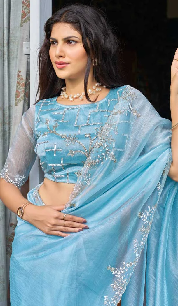 Blue Organza Hand Work Designer Wear Saree - 11215199668
