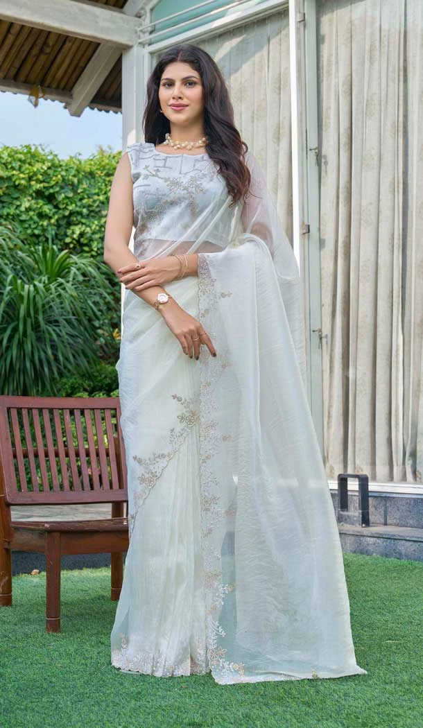 Off White Organza Hand Work Designer Wear Saree - 11215199671