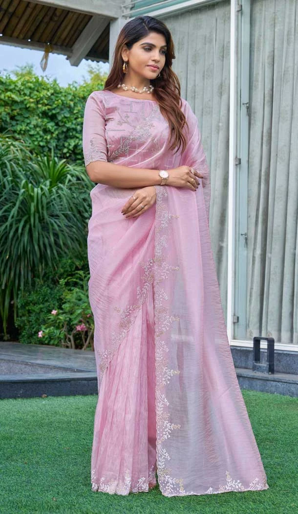 Pink Organza Hand Work Designer Wear Saree - 11215199672