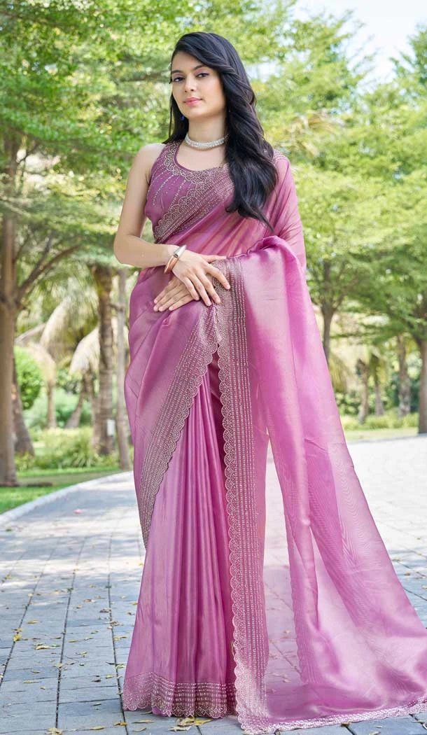Organza Hand Work Designer Wear Saree In Pink - 11216199673