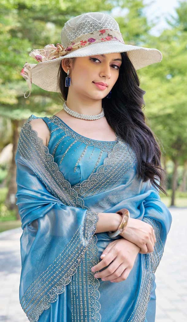Organza Hand Work Designer Wear Saree In Blue - 11216199677