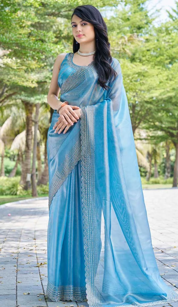 Organza Hand Work Designer Wear Saree In Blue - 11216199677