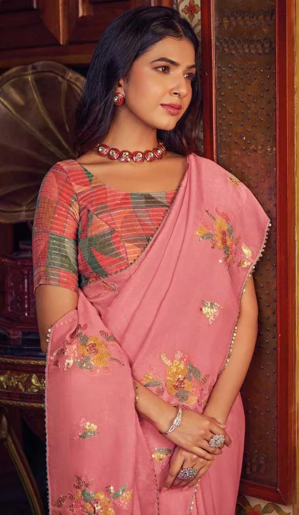 Shimmer Chiffon Embroidered Party Wear Saree In Pink - 11237199825