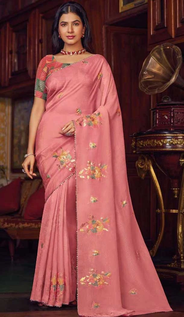 Shimmer Chiffon Embroidered Party Wear Saree In Pink - 11237199825