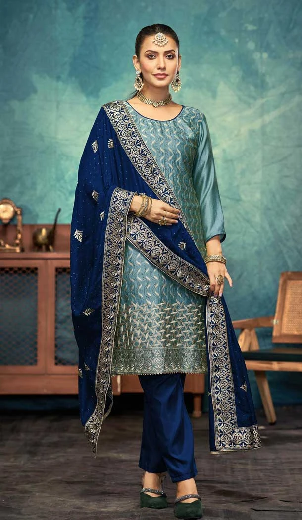 Rama Blue Silk Embroidered Party Wear Salwar Suit - 11270200021