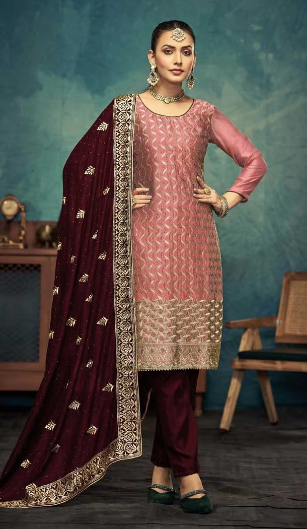 Peach Silk Embroidered Party Wear Salwar Suit - 11270200022