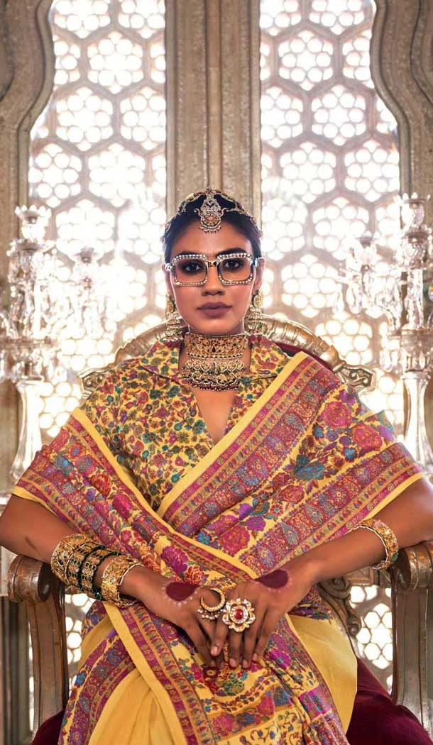 Light Yellow Silk Resham Work Party Wear Saree - 11274200036 Light Yellow Silk Resham Work Party Wear Saree - 11274200036