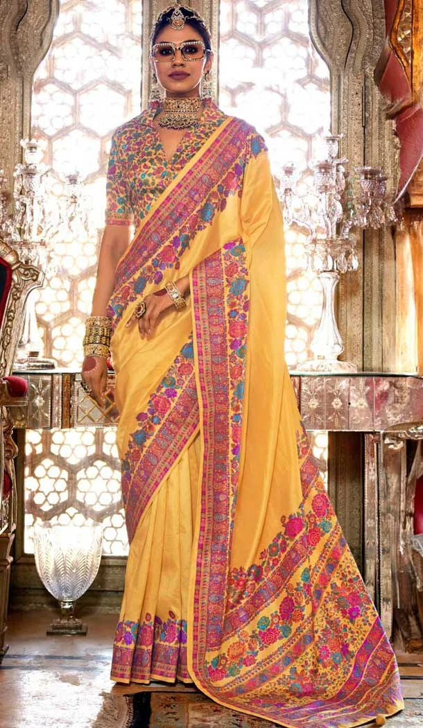 Light Yellow Silk Resham Work Party Wear Saree - 11274200036 Light Yellow Silk Resham Work Party Wear Saree - 11274200036