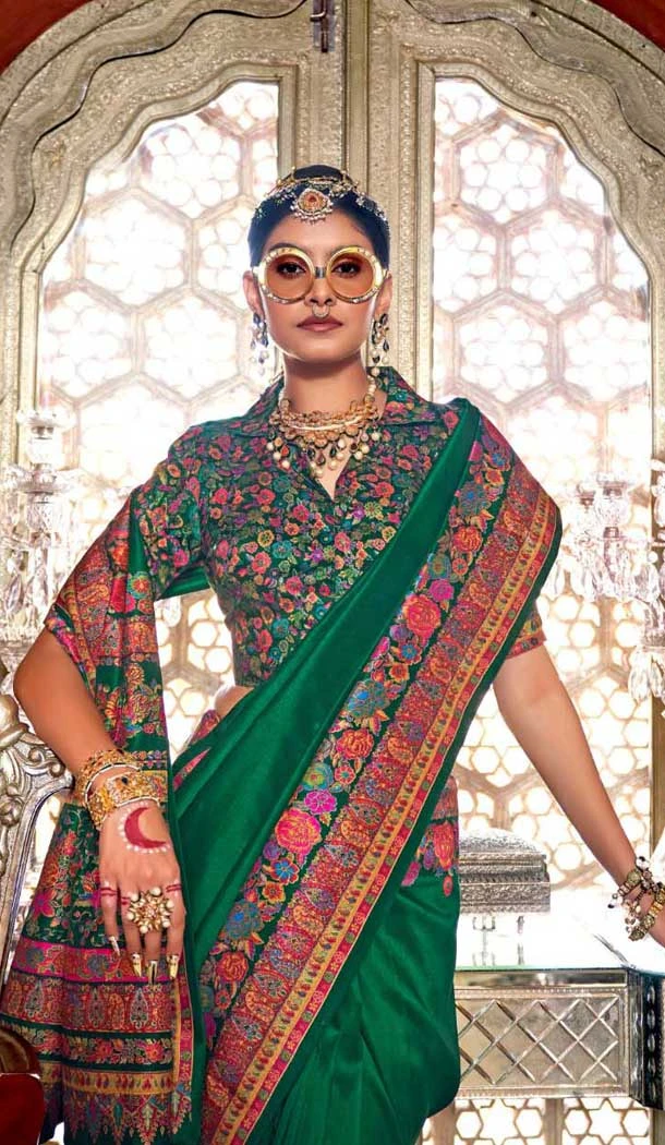 Dark Green Silk Resham Work Party Wear Saree - 11274200037