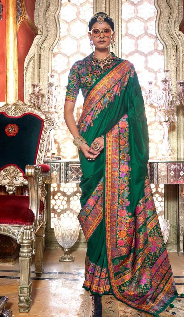 Dark Green Silk Resham Work Party Wear Saree - 11274200037