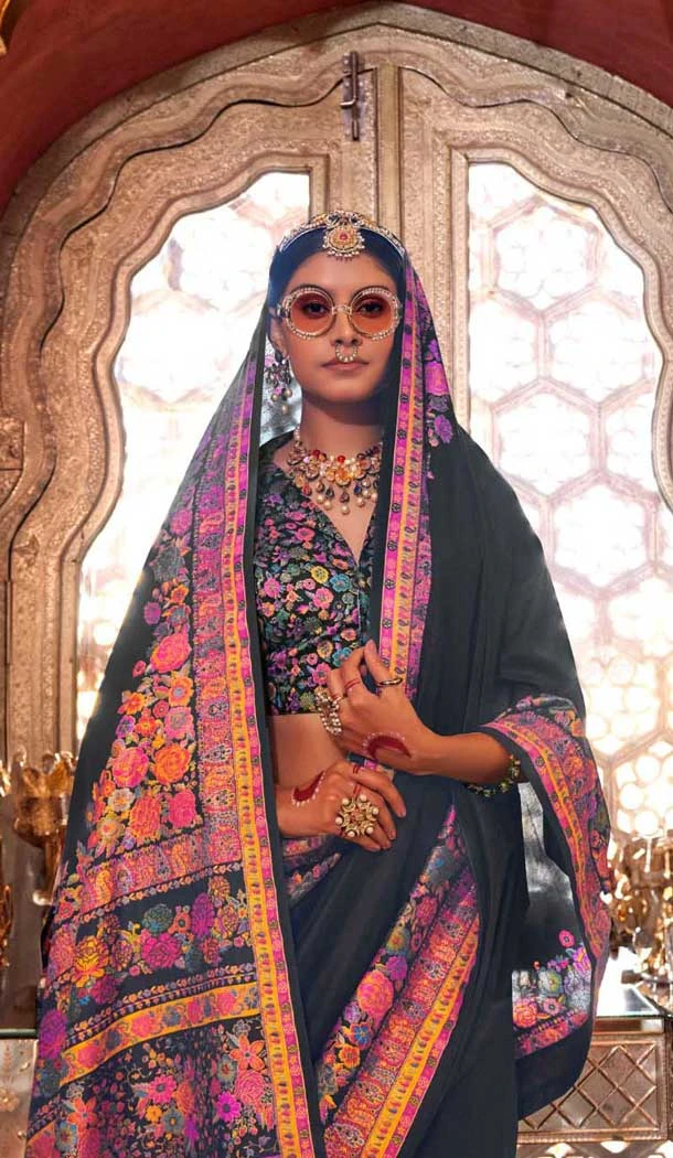 Black Silk Resham Work Party Wear Saree - 11274200038