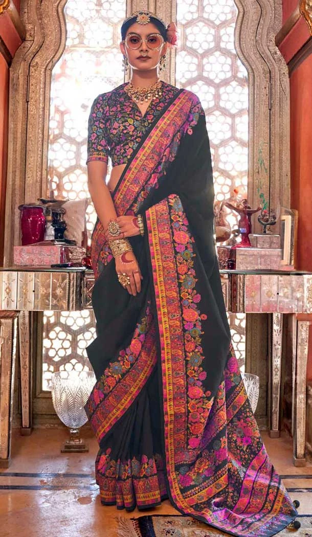 Black Silk Resham Work Party Wear Saree - 11274200038