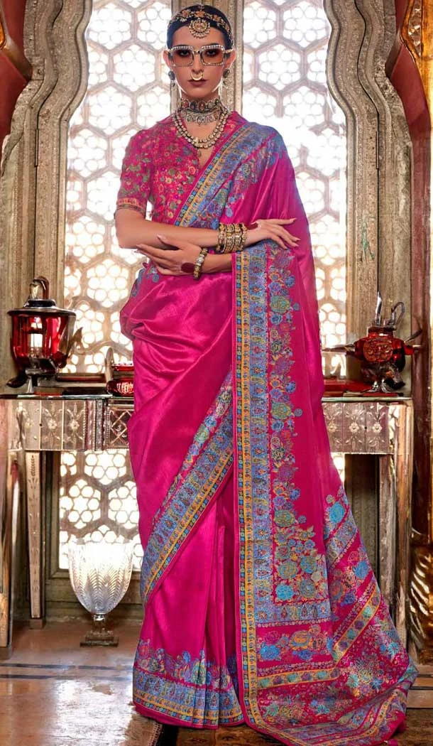 Rani Pink Silk Resham Work Party Wear Saree - 11274200039