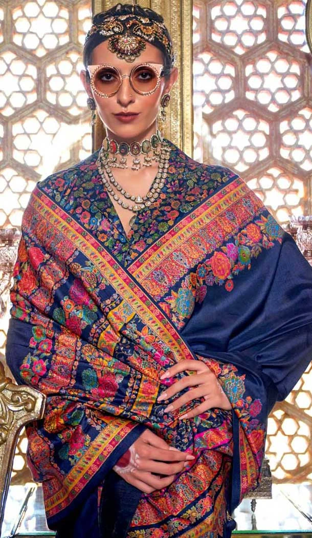 Navy Blue Silk Resham Work Party Wear Saree - 11274200040