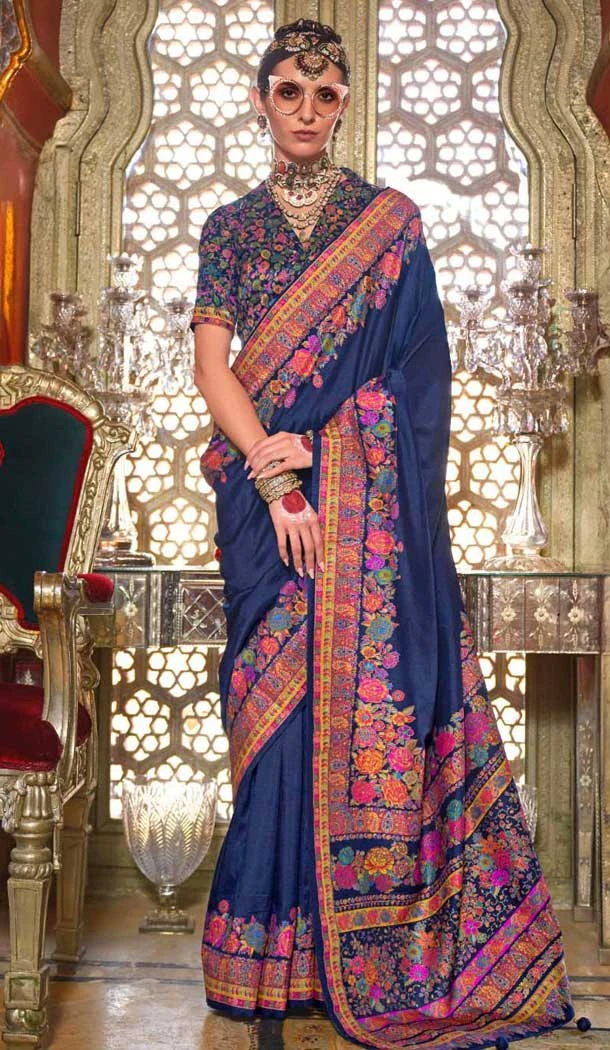 Navy Blue Silk Resham Work Party Wear Saree - 11274200040